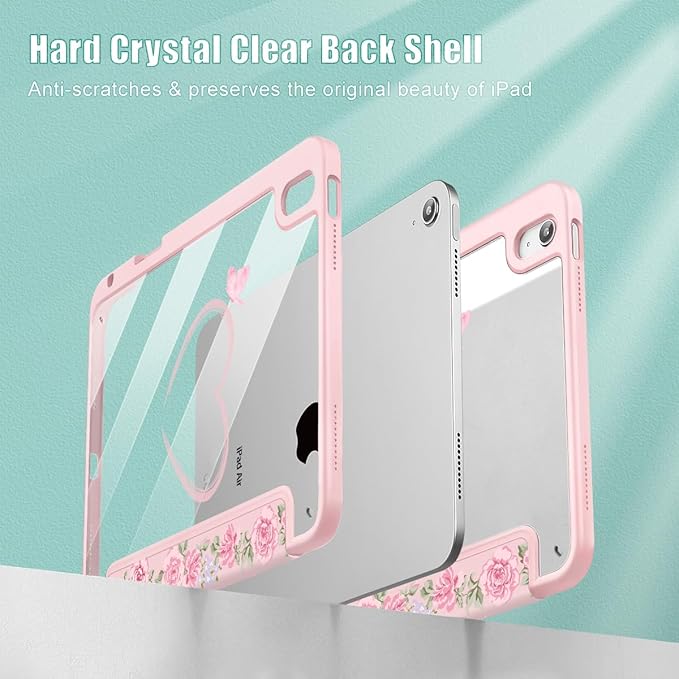 May Chen Case for iPad Air 13 Inch M4 2026 M3 2025 M2 2024 [Built-in Pencil Holder] Shockproof Cover with Clear Transparent Back Shell Auto Sleep/Wake Cover Bow &amp Rose Flower