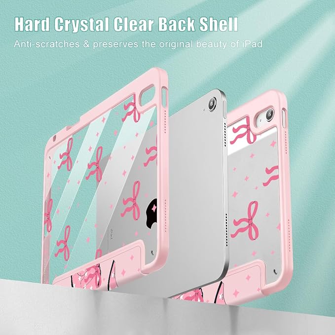 May Chen Case for iPad Air 13 Inch M4 2026 M3 2025 M2 2024 [Built-in Pencil Holder] Shockproof Cover with Clear Transparent Back Shell Auto Sleep/Wake Cover Pink Boots Bows