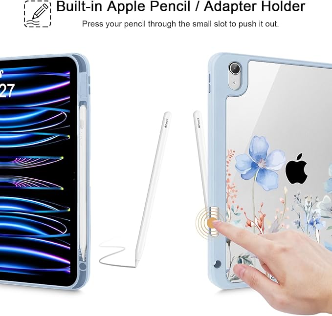 May Chen Case for iPad Air 13 Inch M4 2026 M3 2025 M2 2024 [Built-in Pencil Holder] Shockproof Cover with Clear Transparent Back Shell Auto Sleep/Wake Cover Blue Flowers