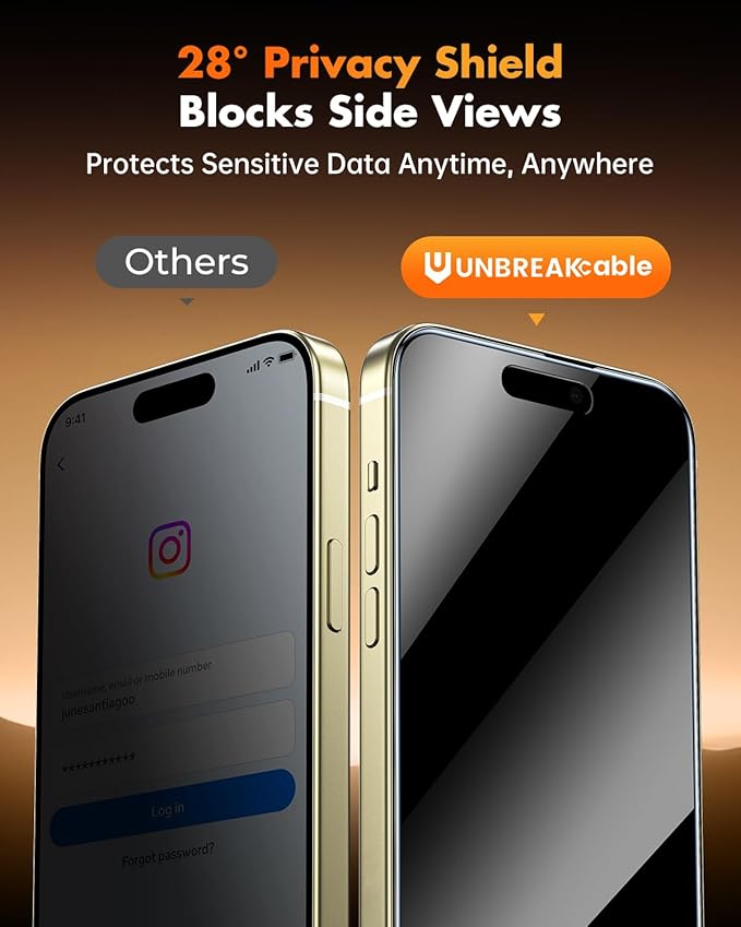 UNBREAKcable Privacy Screen Protector for iPhone 15 3 Pack Full Coverage Tempered Glass [28° Anti-Spy] [9H Hardness] [Easy Installation Box] Shatterproof Private Screen Guard