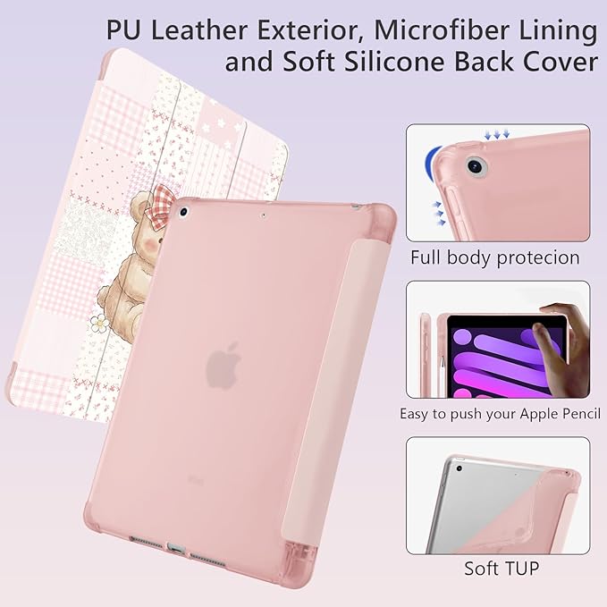 Cute Kawaii Bear Grid for iPad Pro 11 Inch Case 4th/3rd/2nd Generation 2022/2021/2020 with Pencil Holder Auto Sleep/Wake Pink Leather Soft TPU Back Cover