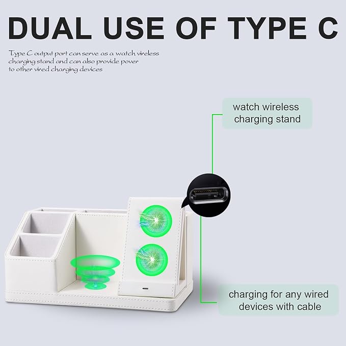 White Leather Desk Organizer with Wireless Charger – 3-in-1 Charging Station for Phone Watch &amp Earbuds 4-Compartment Remote &amp Office Supplies Caddy for Home Office Gifts for Women &amp Men