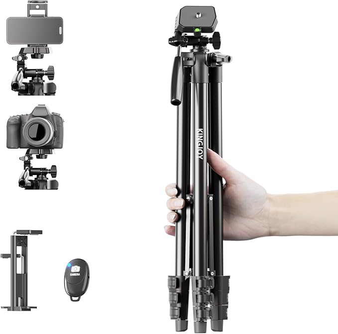 KINGJOY 71 Camera &amp Phone Tripod Lightweight Travel Stand with 2-in-1 Tablet Mount Wireless Remote and 3-Way Pan Head Max 6.6LB Compatible with Canon Nikon iPhone 17/16 Pro Max DSLR Vlogging