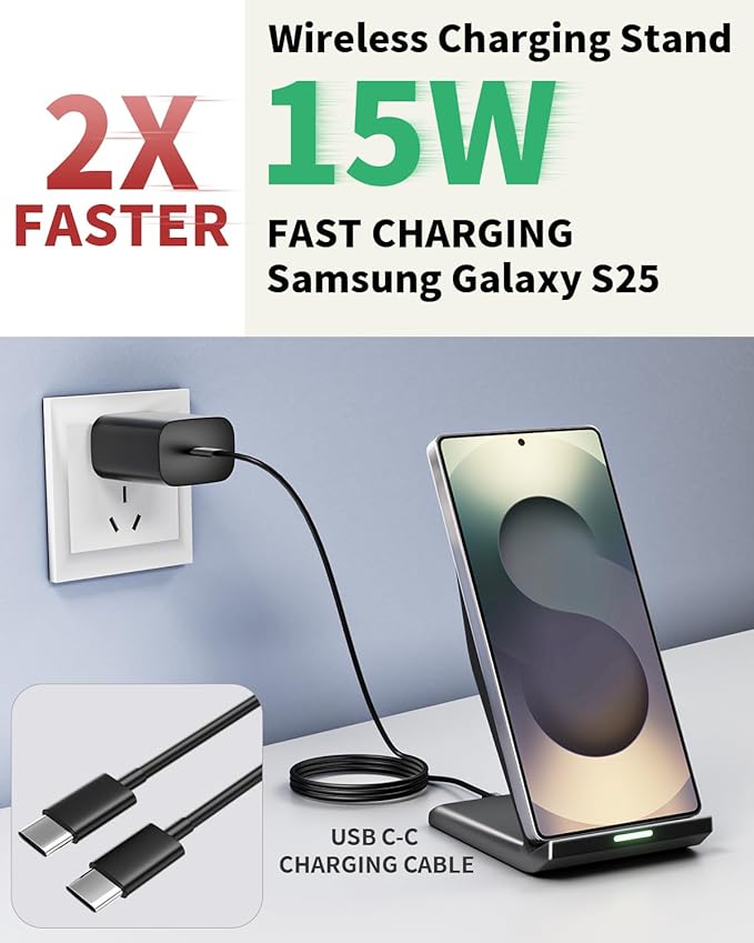 Wireless Charger Stand 15W Fast Phone Wireless Charging Stand Station with 20W USB C Brick for Samsung W26/S25 Ultra/S24+/S23/S22+/S21 iPhone Air/17 Pro Max/16/15/14/13/12 with Sleep-Friendly Light