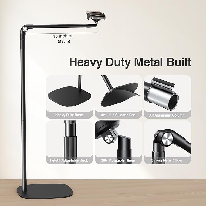 elitehood Floor Phone Stand Overhead Video Recording 360 Degrees Swivel Tilt Adjustable iPhone Stand for Bed Chair Desk Floor Phone Holder Compatible with iPhone 15 14 13 12 Android Phone