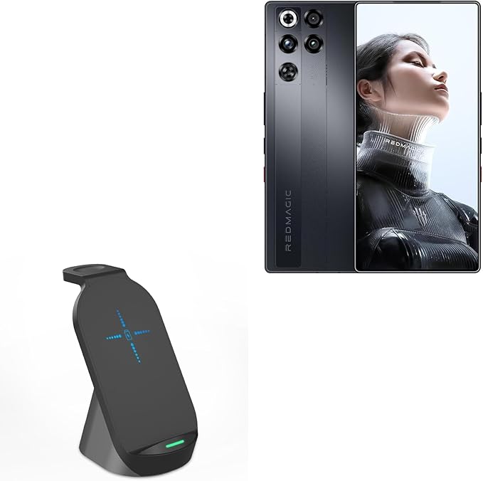 BoxWave Charger Compatible with RedMagic 11 Pro - Compact Wireless MultiCharge Stand (10W) Wireless Qi Stand Charger Watch Earbuds - Jet Black