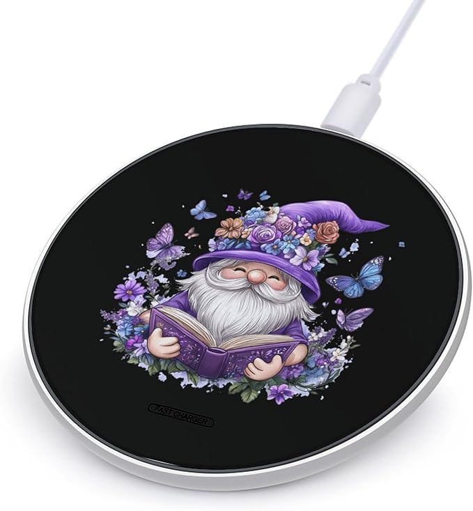 Gnome Reading Book Butterfly Wireless Charger Anti-Slip Wireless Charging Pad Slim Charger Mat for Men Women