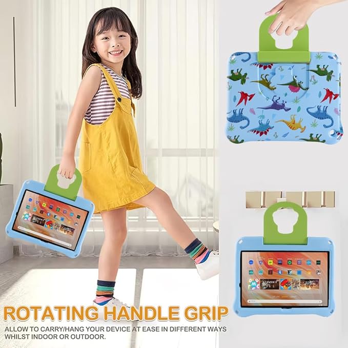 Fire HD 8 2020 2022 2024 Kid Pro Tablet Cover Kindle HD 8 inch 12th Generation Case for Kids Boy Girl Cartoon Dinosaur EVA Kid-Proof case with Stand Handle Shockproof Kid-Friendly Toddlers (Blue)