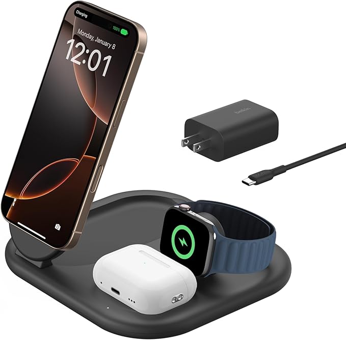Belkin 3-in-1 MagSafe-Compatible iPhone Charger - Foldable Magnetic Qi2 Certified MagSafe Charging Station for Phone Apple Watch AirPods - Wireless for Multiple Devices