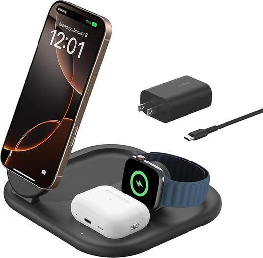 Belkin 3-in-1 MagSafe-Compatible iPhone Charger - Foldable Magnetic Qi2 Certified MagSafe Charging Station for Phone Apple Watch AirPods - Wireless for Multiple Devices
