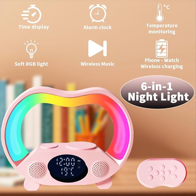 IHAO 6in1 Wireless Charging Station with Bluetooth Speaker Time&ampTemperature Display Alarm Clock 7-Color LED Night Lights Fast Charger for Phone Apple Watch Earbuds Remote Control Auto Shutoff-Pi