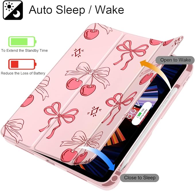 May Chen Case for iPad Air 13 Inch M4 2026 M3 2025 M2 2024 [Built-in Pencil Holder] Shockproof Cover with Clear Transparent Back Shell Auto Sleep/Wake Cover Coquette Cherry Bow
