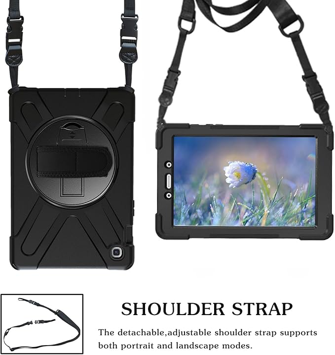 Case for Samsung Galaxy Tab A 8.0 2019 (SM-T290/T295/T297)Portable Heavy Duty Dropproof Protective Cover Case with 360 Rotating StandHandle &amp Shoulder StrapStylus Pen (New Black)
