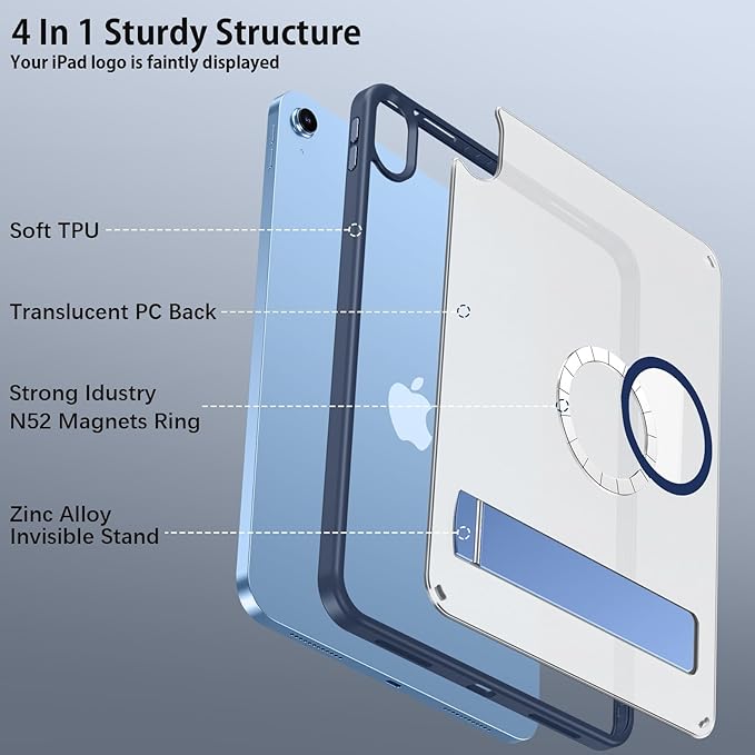 Telaso Magnetic Case for iPad (A16) 11th Generation 11 Inch 2025/ iPad 10th Generation 10.9 Inch 2022 with Invisible Portrait/Landscape Stand Hard Translucent Matte Back Protective Cover Blue
