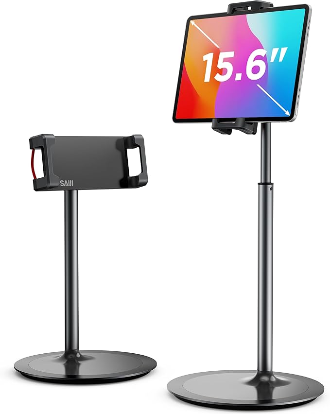 SAIJI Tablet Stand Holder Extra-Height Adjustable Kindle Stand 360 Degree Rotating iPad Holder Aluminum Alloy Cradle Mount Dock for 4.7-15.6 iPhone Samsung Tablets Portable Monitor (Black)