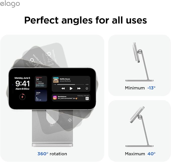 elago Qi2 Wireless Charging Stand for MagSafe Devices Qi2 Certified 15W Ultra-Fast Strong Magnet Adjustable Tilt Non-Slip Design for iPhone (White)
