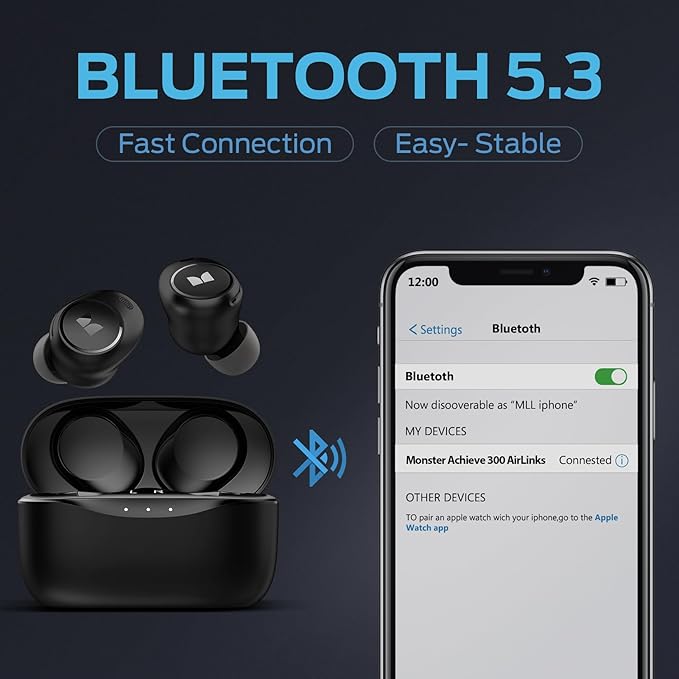 Monster Achieve 300 AirLinksWireless Earbuds Bluetooth 5.3 in-Ear Stereo Headphones Built-in Mic for Crystal Clear Call 32H Playtime Type-C Charging Black