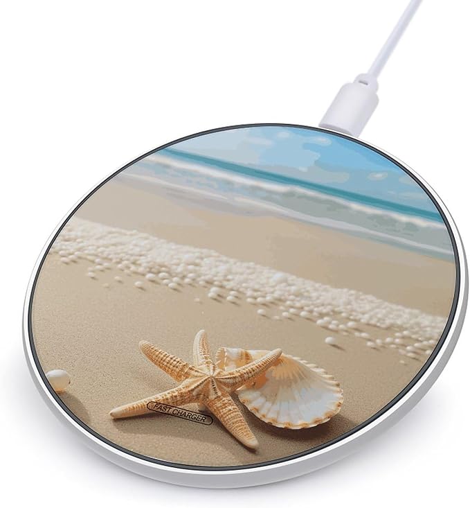 Starfish Shell and Beach Wireless Charger Fast Wireless Charging Pad with USB Cable 10W Anti-Slip Magnetic Wireless Charger Portable Slim Charger Puck Travel Charging Station