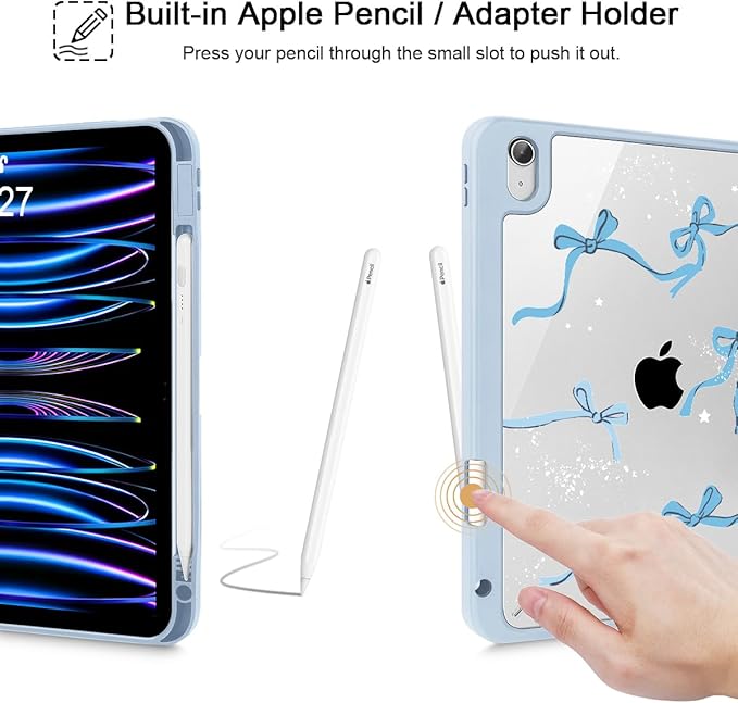 Tuiklol Case for iPad 11 inch (A16 Chip) 2025 Generation 11th / iPad 10.9 inch 2022 10th Gen Buit in Pencil Holder with Shockproof Cover Clear Transparent Back Shell Auto Wake/Sleep Bow-Blue