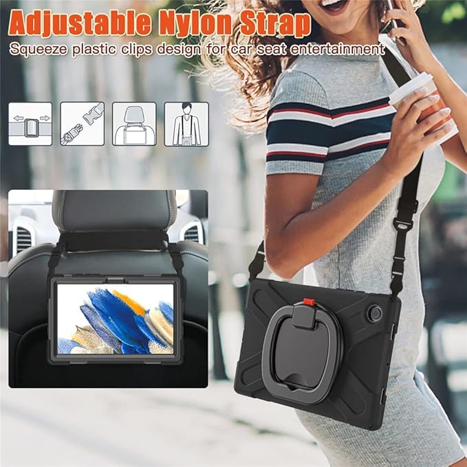 360 Rotation Case for Galaxy Tab A8 10.5 Sturdy Cover Rotate Ring Stand Shoulder Carrying Strap Hand Strap Rugged Children Adults Outdoor Case Black