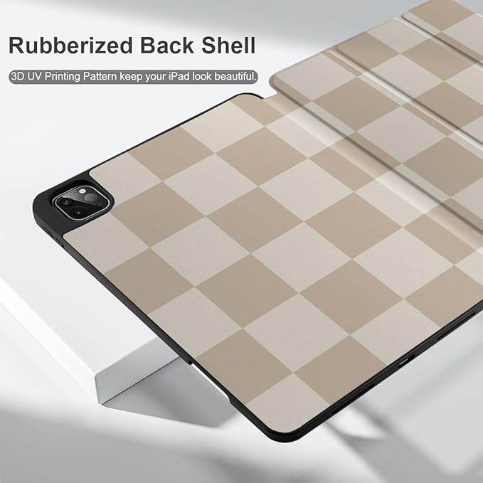 DONGKE Case for 2022/2021/2020/2018 iPad Pro 11 inch Gen 4/3/2/1 - Slim Protective Case - Built in Pencil Holder Support Charging - Trifold Stand &amp Sleep/Wake Cover- Beige Chessboard