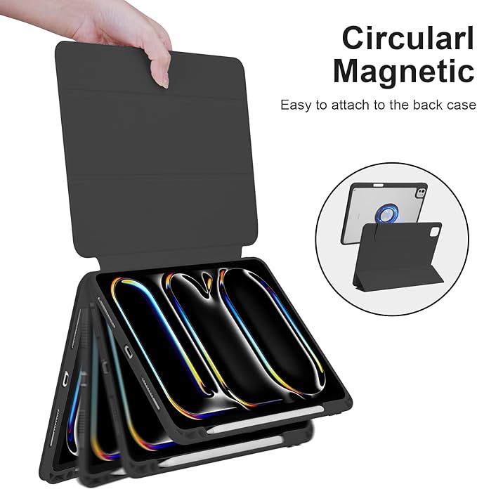 Case for iPad Pro 11 inch M5/M4 (2025/2024 6th/5th Generation) Removable and Detachable Magnetic Cover with Pencil Holder Vertical Adjustable Stand Tri-Fold Multi-Angle Black