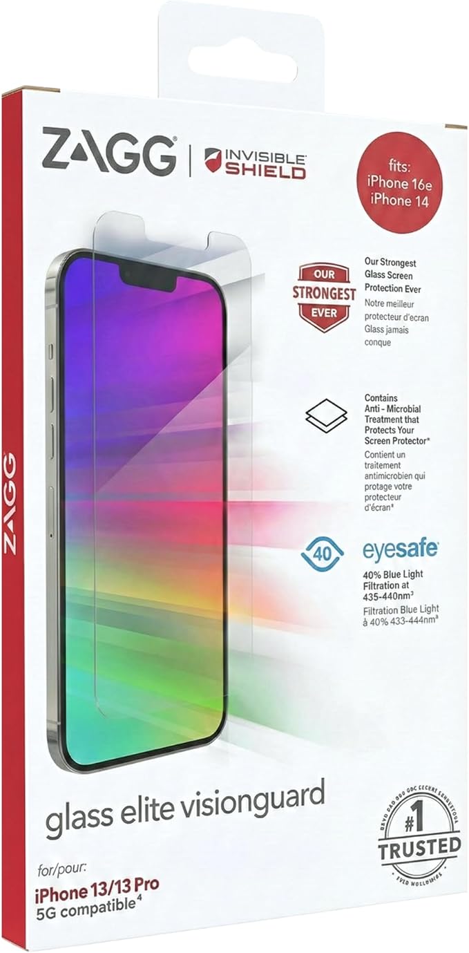 ZAGG Glass Elite Screen Protector for iPhone 17e iPhone 14/16e/13/13 Pro - 5X Stronger Tempered Glass Scratch &amp Smudge-Resistant VisionGuard Blue-Light Protection InvisibleShield Easy to Inst