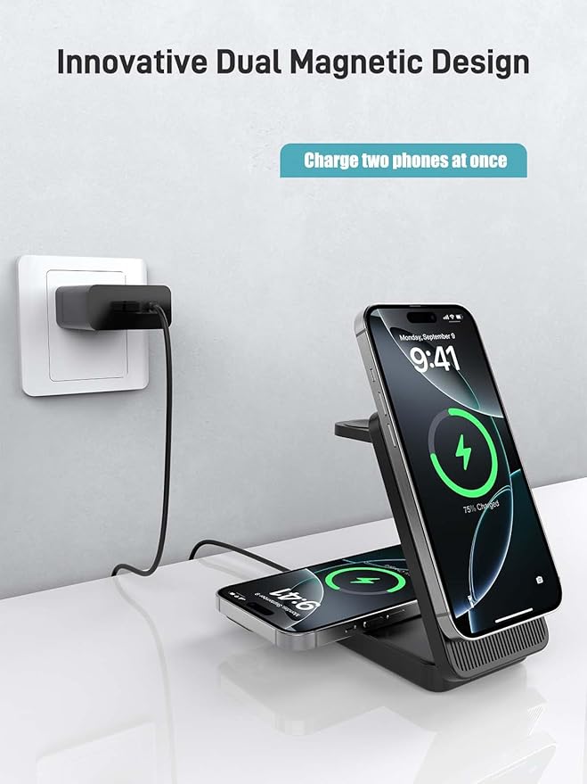 Wireless Charger for Apple Charging Station Dual MagSafe Charger for iPhone 17/17 Pro/17 Pro/iPhone 16 Pro Max//AirPods 3 in 1 Foldable iPhone Charging Station Watch Charger for Apple iWatch Series