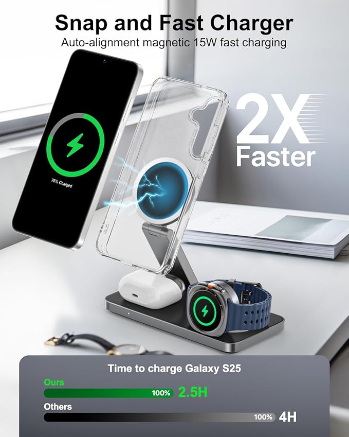 3-in-1 Charging Station for Samsung Magnetic Fast Wireless Charger Stand Compatible with MagSafe for Galaxy S26/S25/S24/S23/Z Fold/Flip Series Galaxy Watch Ultra/8/7/6/5 Galaxy Buds Pro/4/3/2