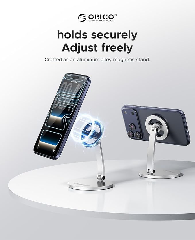 ORICO Magnetic Phone Stand for Magsafe Adjustable Foldable Aluminum Alloy Stand for iPhone 17/16/15/14/13/12 Pro Max Air/Magsafe Case Phone Holder for Desk Streaming &amp Video Calls - PS1 Sliver