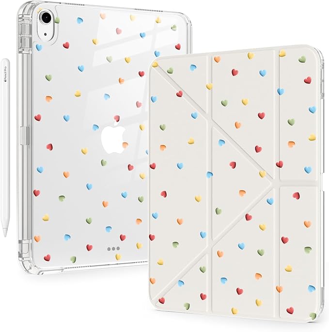 Cute Colorful Love Heart for iPad Pro 11 Inch Case (M5/M4) 2025/2024 with Pencil Holder Auto Sleep/Wake White Leather Acrylic Back Detachable Cover