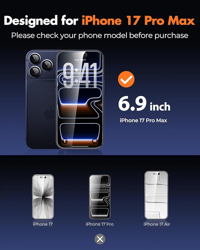 UNBREAKcable iPhone 17 Pro Max Screen Protector 3-Pack with Camera Protection | 9H Hardness | HD Clarity | Anti-Fingerprint | Case Friendly | 6.9 Inch | 3 Tempered Glass + 3 Camera Lens Protectors