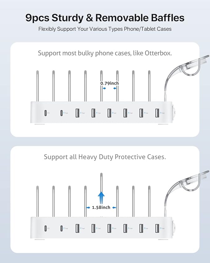 SooPii 8-Port USB-C Charging Station for Multiple Devices with 1 PD 20W Port Supports Fast Charging 8pcs Mixed Charging Cables and 1pcs Upgraded Holder for lWatch Charger &amp Air-Pods White