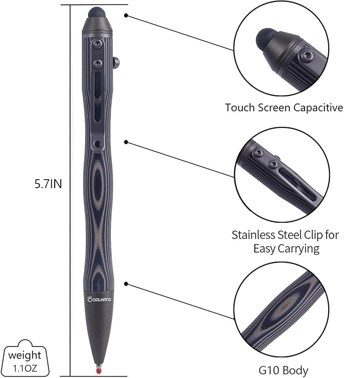 Cool Hand 5.7'' Bolt Action Pens EDC Ballpoint Ink Refillable Stylus for Touch Screen G10 Body w/Pocket Clip Ergonomic Grip with a Free Refill 5375-B