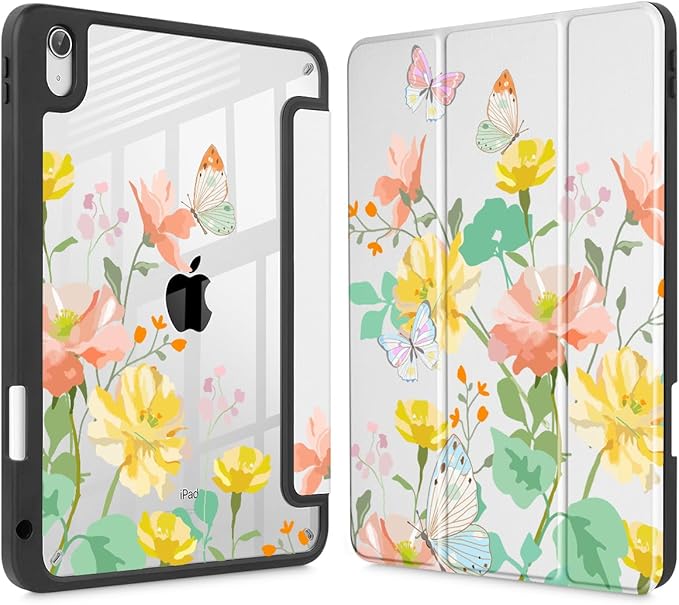 May Chen Case for iPad Air 13 Inch M4 2026 M3 2025 M2 2024 [Built-in Pencil Holder] Shockproof Cover with Clear Transparent Back Shell Auto Sleep/Wake Cover Butterfly Garden
