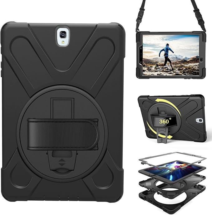 Case for Samsung Galaxy Tab S3 9.7 2017 (SM-T820/T825/T827)Portable Heavy Duty Dropproof Protective Cover Case with 360 Rotating StandHandle &amp Shoulder StrapStylus Pen (New Black)