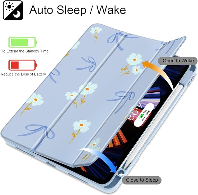 Mektron Case for iPad Pro 11 inch Case M2 2022 Generation 4th Fit 2021 2020 2018 iPad Pro 11 (3rd 2nd &amp 1st Gen) -Buit in Pencil Holder with Shockproof Cover Clear Shell Blue Bows &amp Flower