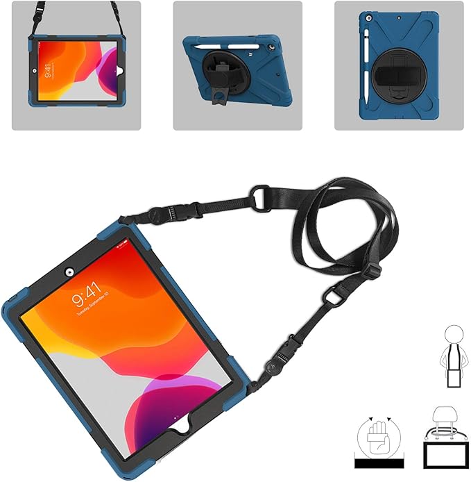 ProCase Rugged Case for iPad 9th/ 8th/ 7th Generation 10.2 (2021/2020/2019) Heavy Duty Shockproof Protective Cover with Strap for iPad 9/8/7 -Moroccoblue