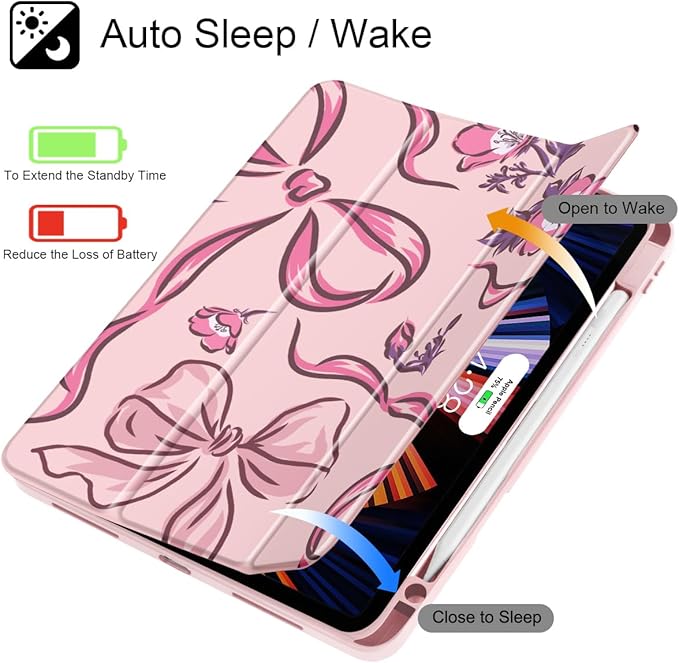 Mektron Case for M5/ M4 iPad Pro 11 inch 2025/2024 with Pencil Holder Compatible Models: A3357/A3358/A3359/A2836/A2837/A3006 Shockproof Cover Clear Shell Flowers-Bows-Pink