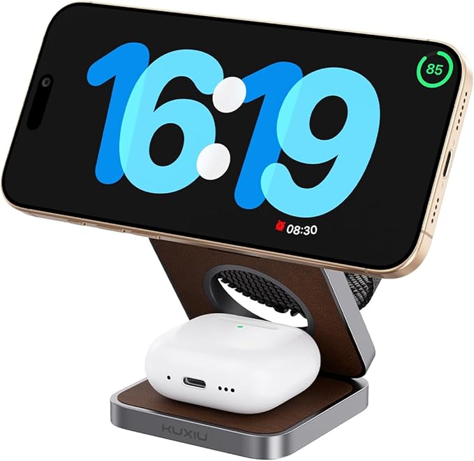 Foldable Magnetic Wireless Charger KU XIU Aluminum Alloy 3 in 1 Charging Station for Apple Fast Charging Travel Charger for iPhone 17 16 15 14 13 5W for Apple Watch Ultra AirPods Leather Texture