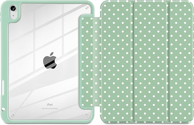 Case for iPad A16 11th Generation 11 inch 2025 iPad 10th Generation 10.9 inch 2022 -[Built-in Pencil Holder] Shockproof Clear Hard Back Trifold Stand Auto Wake/Sleep Green White dot
