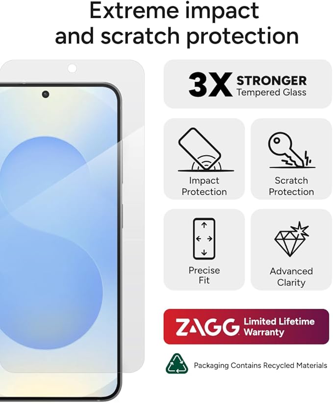 ZAGG Glass+ Samsung Galaxy S25/ S24 Screen Protector – Extreme Impact &amp Shatter Protection Scratch-Resistant Smudge-Resistant Fingerprint Scanner Compatible InvisibleShield Easy Installation