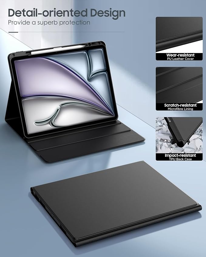 MoKo Keyboard Case for iPad Air 13-inch (2026/2025/2024) &amp iPad Pro 12.9 (2022-2018) 7-Color Backlit Detachable Bluetooth Keyboard with Pencil Holder Multi-Angle Stand Black