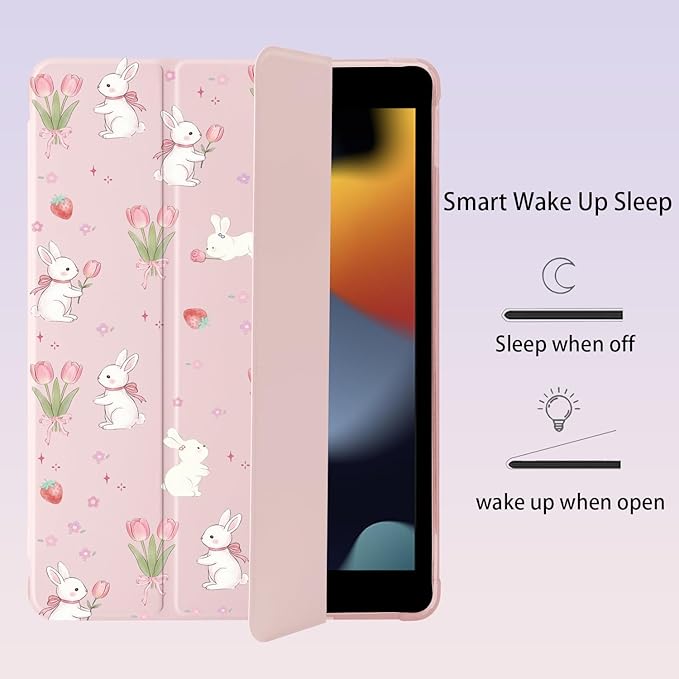 Cute Kawaii Bunny Flower for iPad Pro 11 Inch Case (M5/M4) 2025/2024 with Pencil Holder Auto Sleep/Wake Pink Leather Soft TPU Back Cover