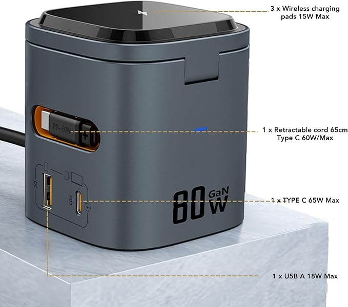 ZJchao Wireless Charging Station GaN 80W 6 in 1 PD Fast Charging Wireless Charging Cube with Retractable Cord for Travel Office Home ABS PC Fireproof Material (US Plug)