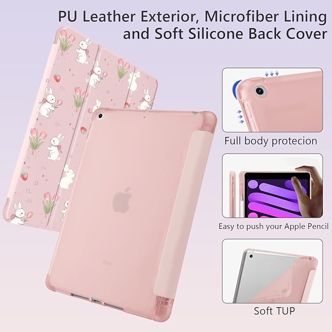 Cute Kawaii Bunny Flower for iPad Pro 11 Inch Case (M5/M4) 2025/2024 with Pencil Holder Auto Sleep/Wake Pink Leather Soft TPU Back Cover