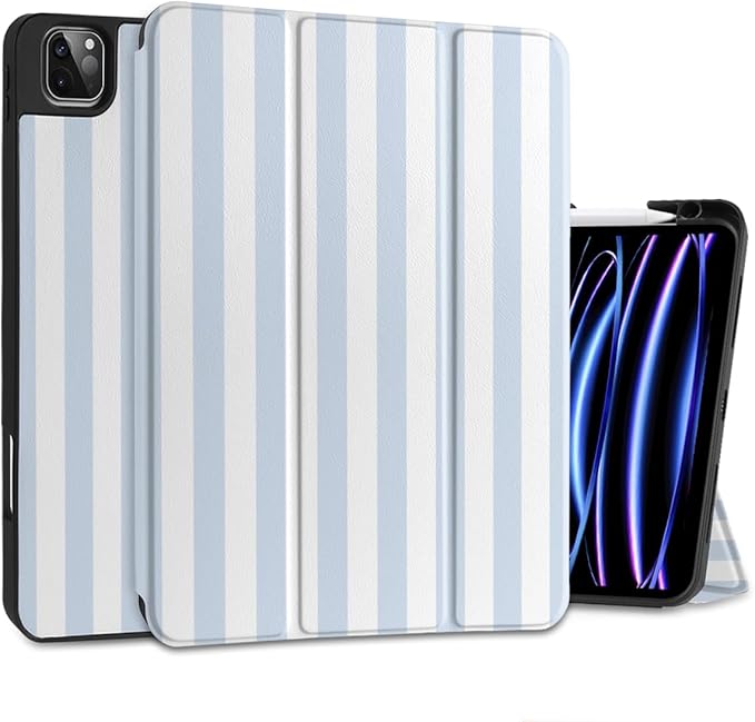 DONGKE Case for 2022/2021/2020/2018 iPad Pro 11 inch Gen 4/3/2/1 - Slim Protective Case - Built in Pencil Holder Support Charging - Trifold Stand &amp Sleep/Wake Cover- Blue Stripes