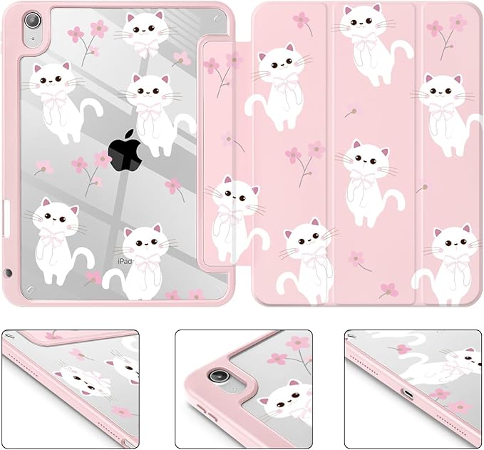 Tuiklol Case for iPad 11 inch (A16 Chip) 2025 Gen 11th / iPad 10.9 inch 2022 10th Gen Buit in Pencil Holder with Shockproof Cover Clear Transparent Back Shell Auto Wake/SleepCat-Pink