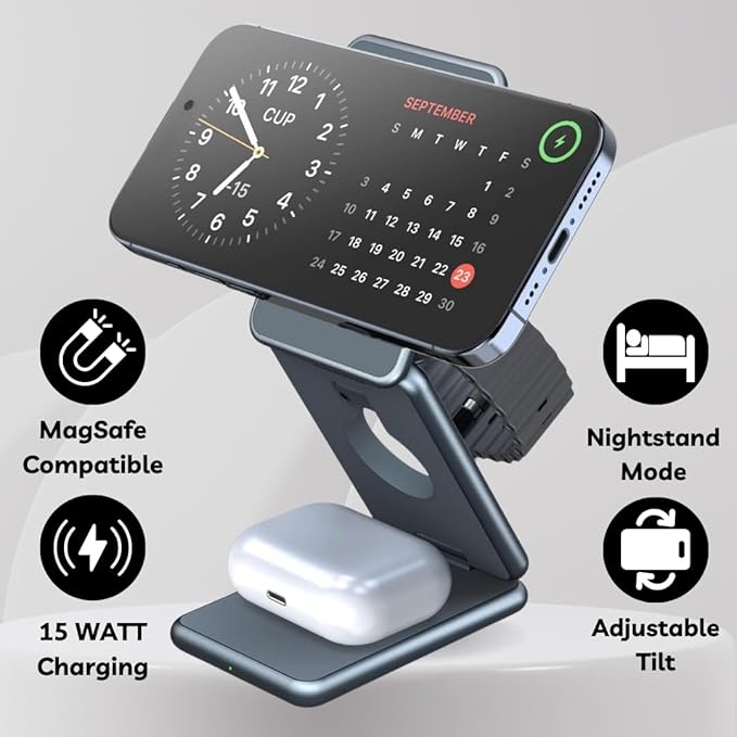 3 in 1 Nightstand Wireless Charger Compatible with iPhone AirPod and Apple Watch Ultra 3 2 1 - Fast Wireless Charger Compatible with MagSafe and Night Stand Mode