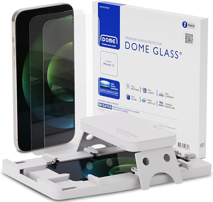 DOME GLASS Whitestone Screen Protector for iPhone 15 Full Tempered Glass Shield with Liquid Dispersion Tech [Easy to Install Kit] Smart Phone Screen Guard - 2pack